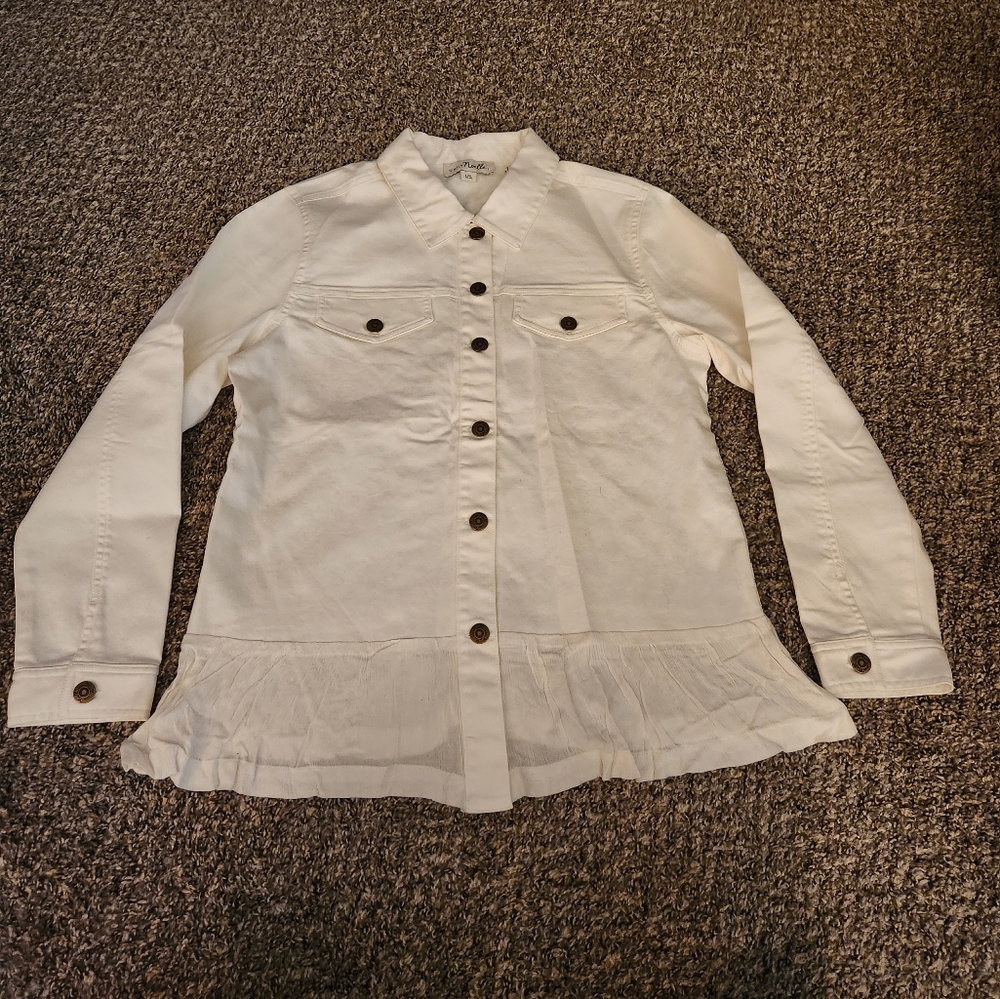 Simply Noelle White Ruffle Linen Shirt Jacket Shacket L / XL